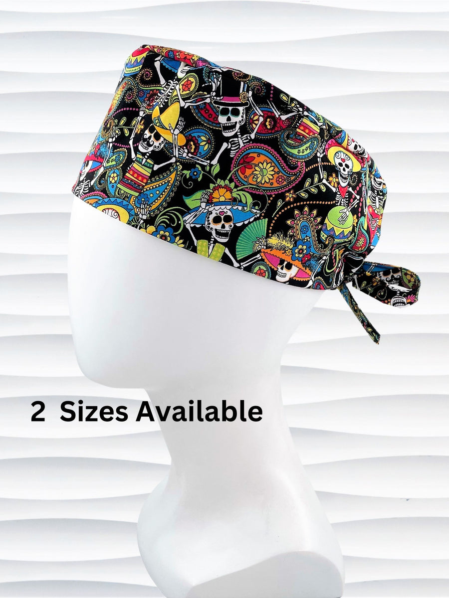 Surgeon style scrub cap hat with day of the dead characters on black cotton fabric