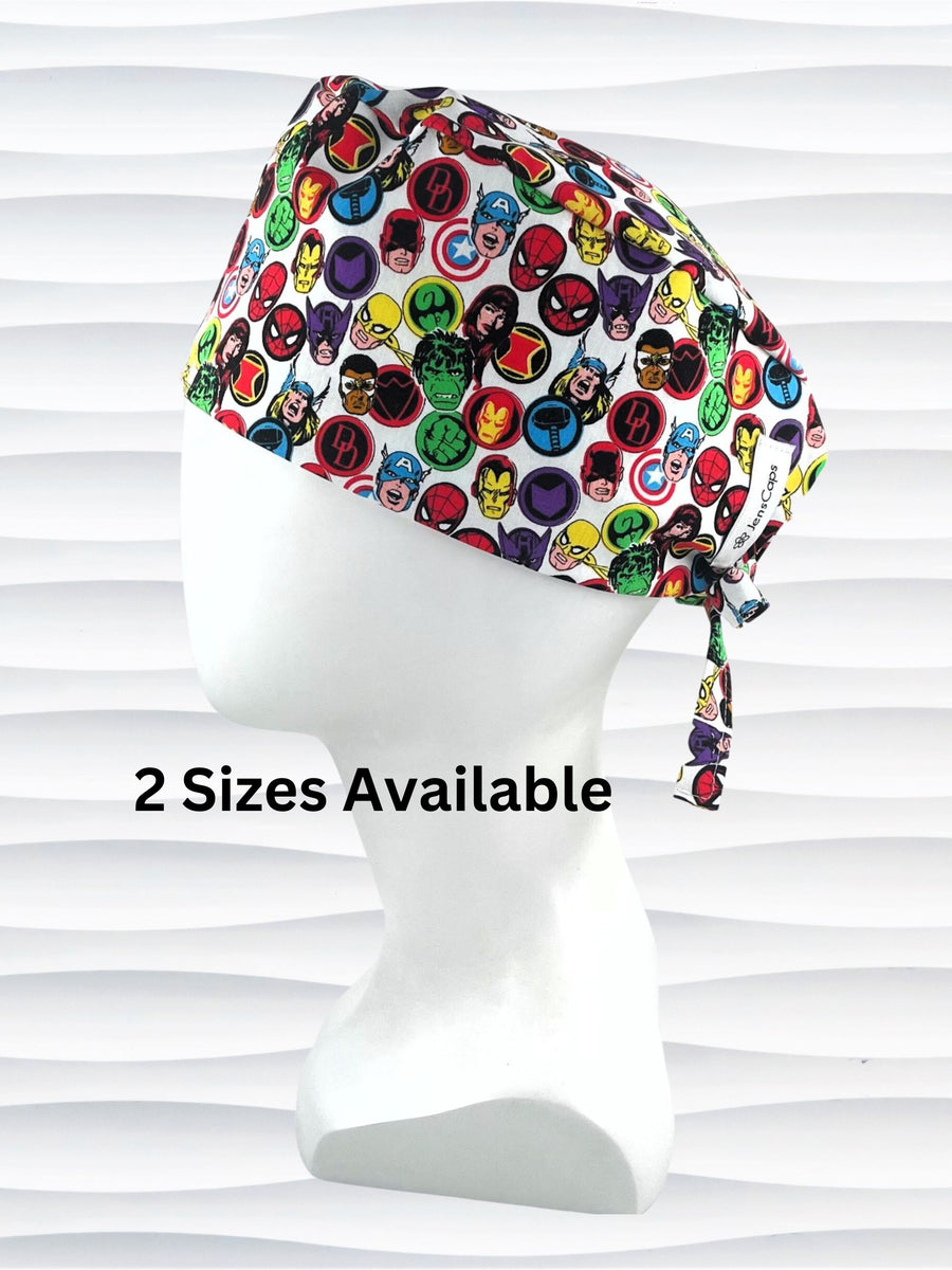 Surgeon style surgical scrub cap with classic Marvel Avengers superhero icons on white cotton fabric.