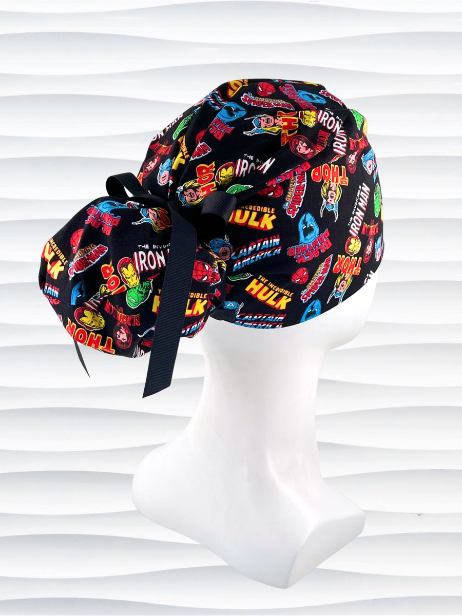 Pony Hybrid style Large Scrub Cap for long hair with Marvel Avengers characters all over this black cotton fabric.