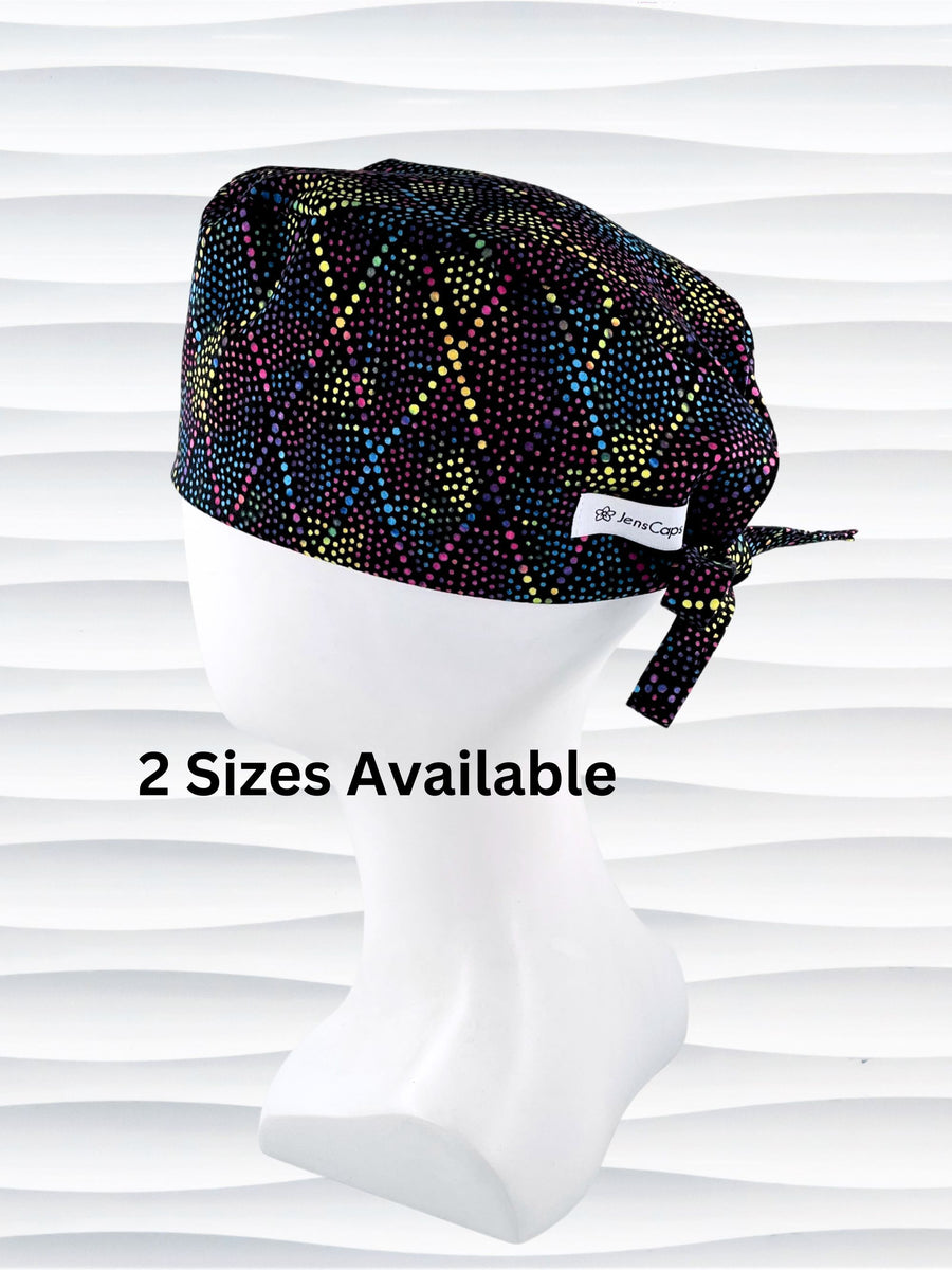 Surgeon Men's style surgical scrub cap hat with bright colored dots and lines in diamond shapes on black cotton fabric.