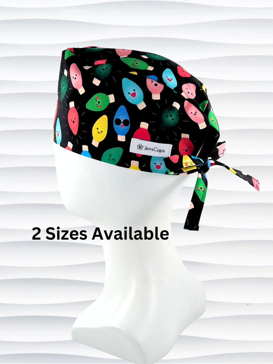 Surgeon style surgical scrub cap hat with smiling animated christmas lights in red green yellow and blue on black cotton fabric.