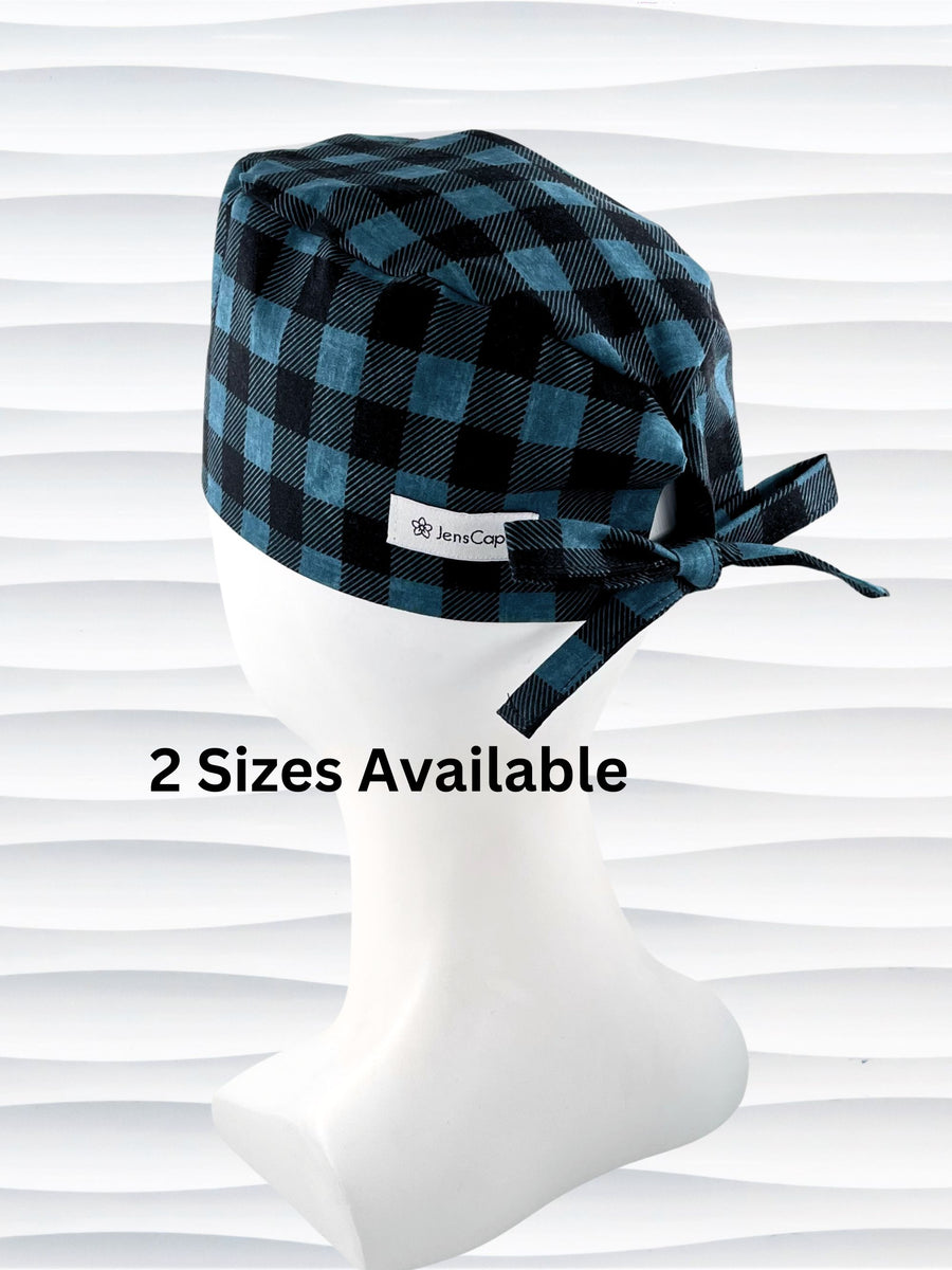 Surgeon style surgical scrub ca hat with teal and black buffalo plaid check on premium cotton fabric.