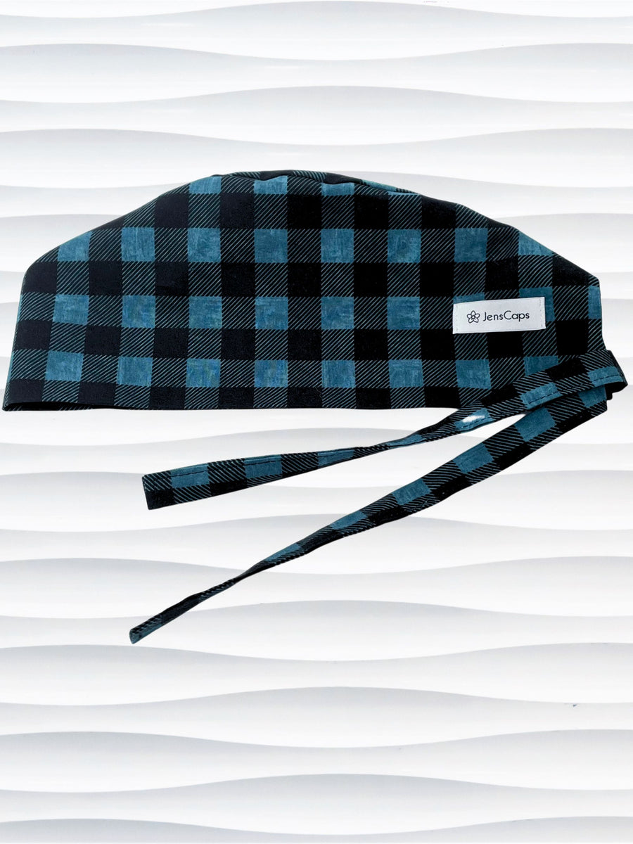 Surgeon style surgical scrub ca hat with teal and black buffalo plaid check on premium cotton fabric.