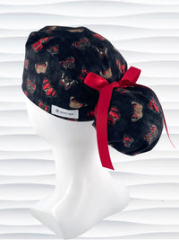 Ponytail style surgical scrub cap hat with red and black butterflies on a black harquin patterned background cotton fabric.