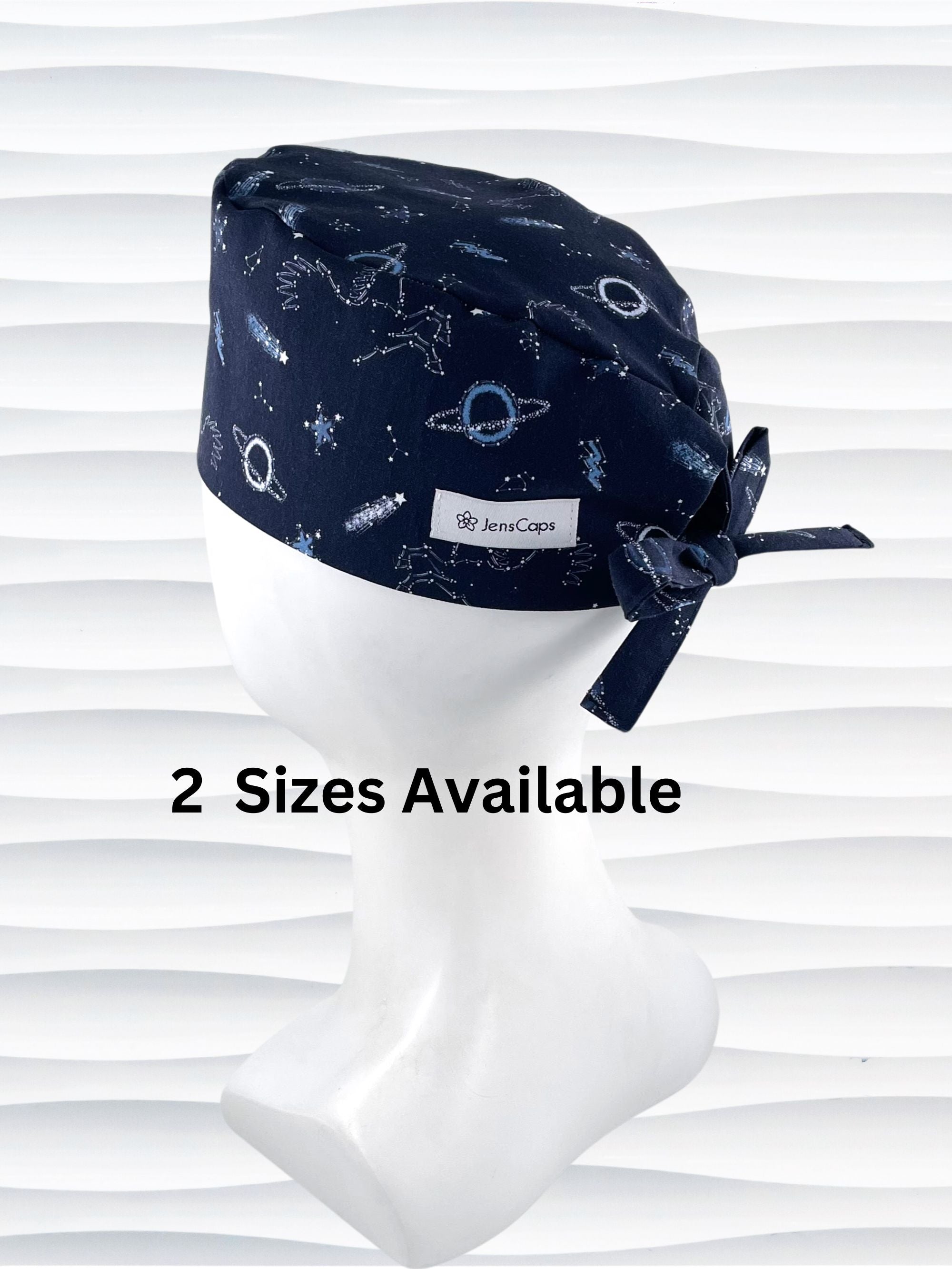 Mens Surgeon style surgical scrub cap hat with shooting stars, planets, constellations, and Pegasus in white and light blue on a dark blue cotton fabric.