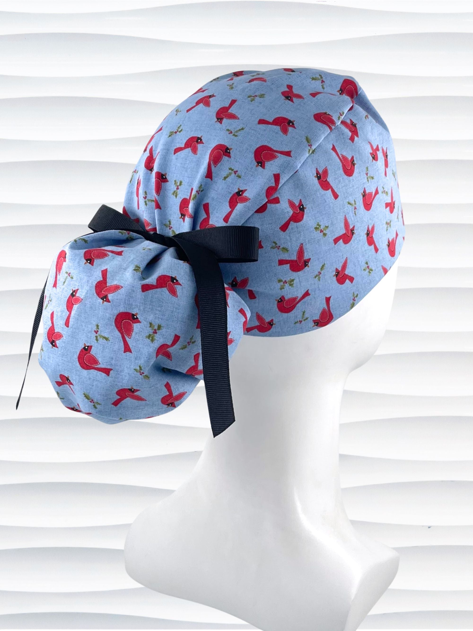 Red Cardinals Ponytail Scrub Cap, "Winter's Song"