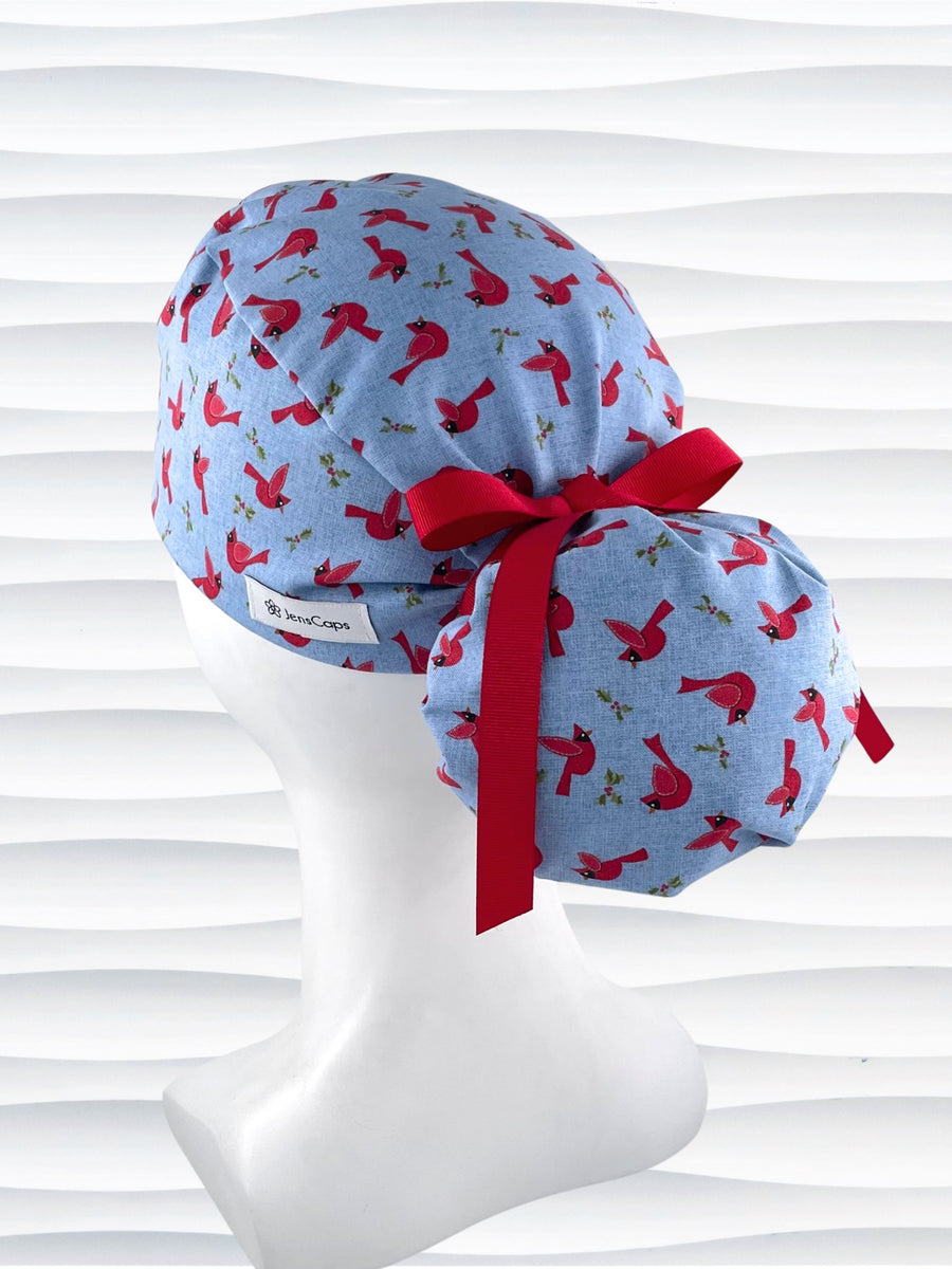 Red Cardinals Ponytail Scrub Cap, "Winter's Song"