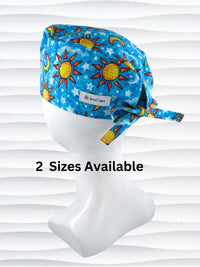 Mens surgeon style surgical scrub cap hat with blue skies, yellow suns and moons, and white stars and clouds all over blue cotton fabric