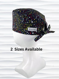 Mens surgeon style scrub cap hat with red, green, and yellow stars and white dots all over black cotton fabric.