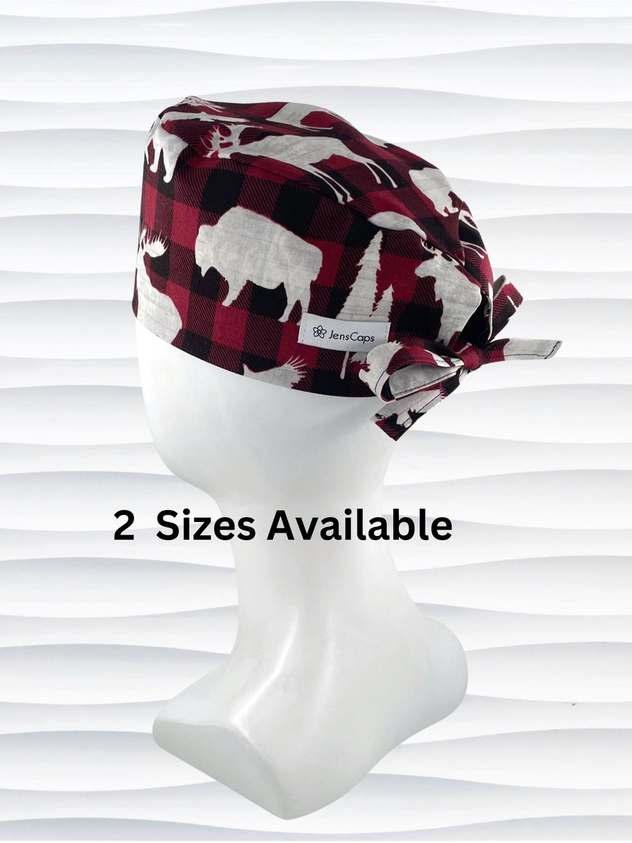 Mens surgeon style surgical scrub cap hat with bears, moose, trees, and buffalo on red and black check plaid cotton fabric.