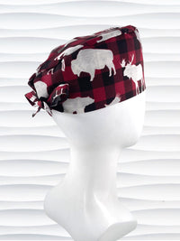 Mens surgeon style surgical scrub cap hat with bears, moose, trees, and buffalo on red and black check plaid cotton fabric.