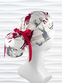 Ponytail style surgical scrub cap hat with plaid buffalo check deer on country style wood plank look cotton fabric.