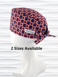 Sugeon style surgical scrub cap with red and blue stars with beige background in plaid style on cotton fabric.
