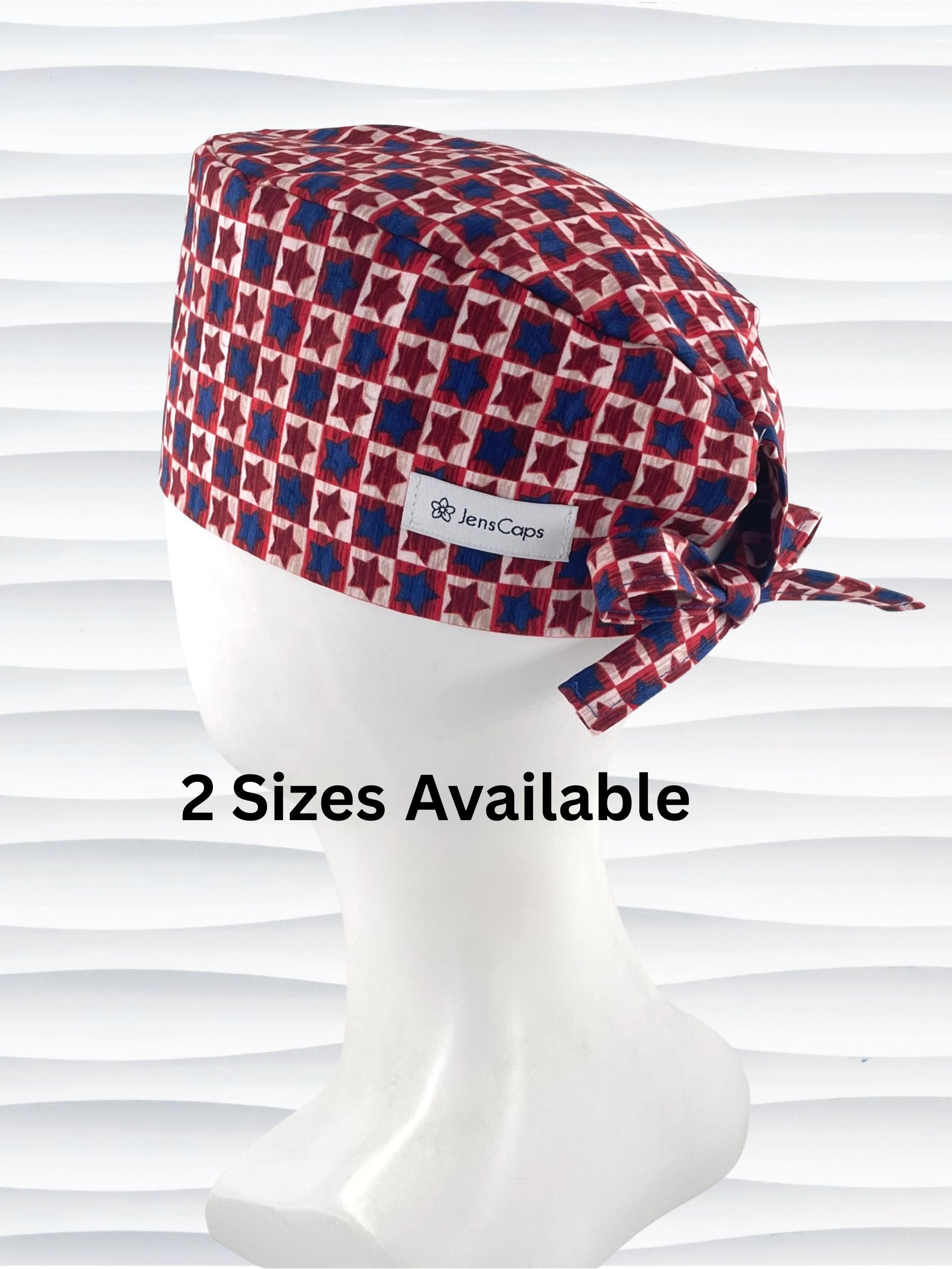 Sugeon style surgical scrub cap with red and blue stars with beige background in plaid style on cotton fabric.