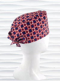 Sugeon style surgical scrub cap with red and blue stars with beige background in plaid style on cotton fabric.