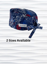 Surgeon style surgical scrub cap by JensCaps with fireworks and stars in red white and blue all over navy blue cotton fabric.