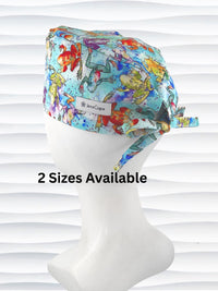 Surgical scrub cap by JensCaps in an adjustable tie-back style with a colorful watercolor frog print in orange, purple, green, and blue on an aqua background and displayed on a mannequin head 