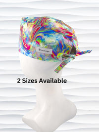 Tie-back surgical scrub cap by JensCaps with an abstract marbled swirl print in blue, magenta, yellow, and green and displayed on a white mannequin head.