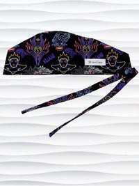 Mens style surgical scrub skull cap with neon colors of iconic villains and queens all over black cotton fabric and displayed on mannequin head.