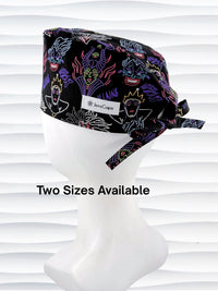 Mens style surgical scrub skull cap with neon colors of iconic villains and queens all over black cotton fabric and displayed on mannequin head.