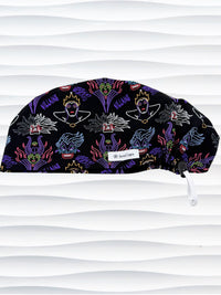 Euro Pixie style surgical scrub cap by JensCaps with neon colors of iconic villains all over black cotton fabric