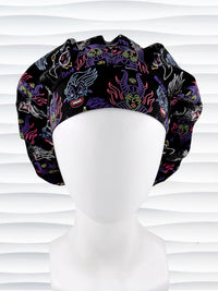 Bouffant style surgical scrub cap with neon colors of iconic villains all over black cotton fabric and displayed on mannequin head.
