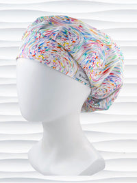 Bouffant style surgical scrub cap hat with pastel oil slick swirls all over this white cotton fabric.