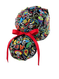Ponytail scrub cap hat with day of the dead in bright colors on black cotton fabric and finished with grosgrain ribbon ties.