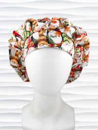 Bouffant style surgical scrub cap with gnomes in fall colors holding sunflowers and signs that say thankful and displayed on a mannequin head.