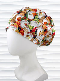 Euro Pony style surgical scrub cap with gnomes in fall colors holding sunflowers and signs that say thankful and displayed on a mannequin head.