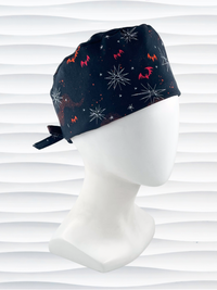 Surgeon style men's surgical scrub cap hat with red and orange bats and white stars on black cotton fabric.