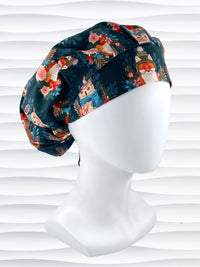 Bouffant surgical scrub cap hat with cute foxes, owls, and bears with flowers and leaves, hats and scarves on dark teal cotton fabric.