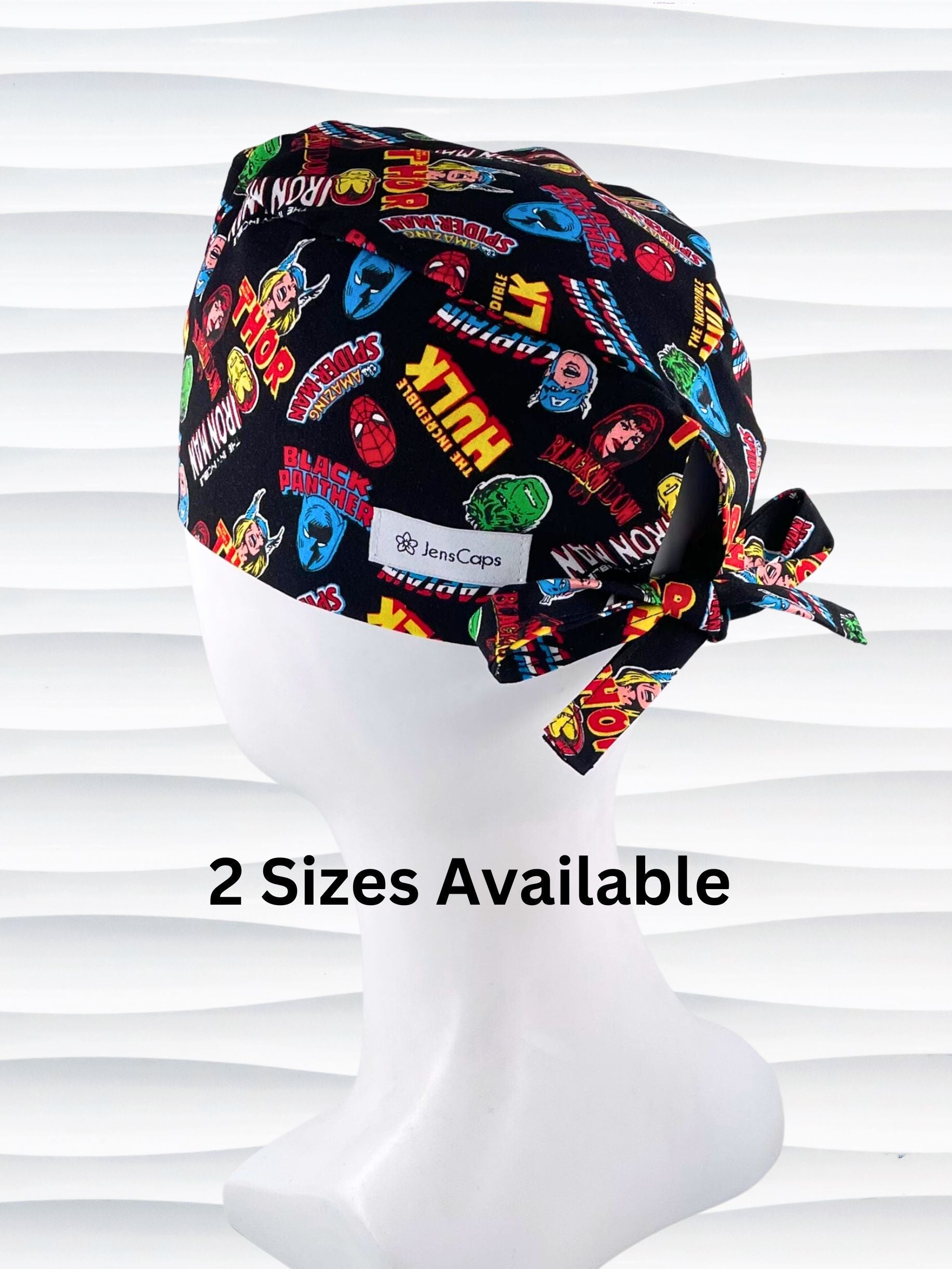 Surgeon style surgical scrub cap by JensCaps with iconic Marvel Avengers characters all over this black cotton fabric.