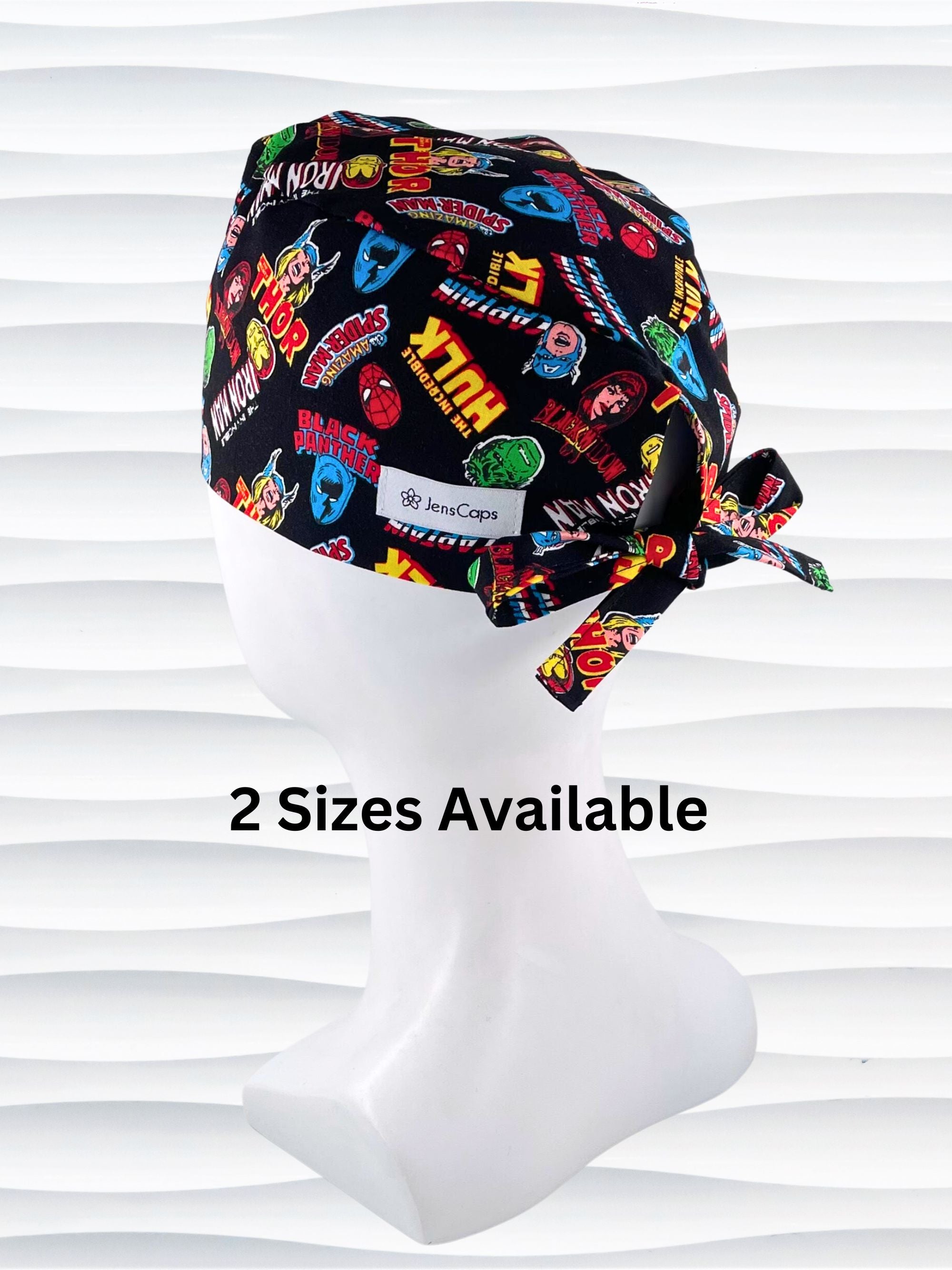 Surgeon style surgical scrub cap by JensCaps with iconic Marvel Avengers characters all over this black cotton fabric.