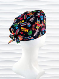 Surgeon style surgical scrub cap by JensCaps with iconic Marvel Avengers characters all over this black cotton fabric.