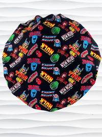 Bouffant style surgical scrub cap hat with Marvel Avengers superheroes all over this black cotton fabric.