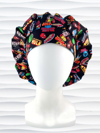 Bouffant style surgical scrub cap hat with Marvel Avengers superheroes all over this black cotton fabric.
