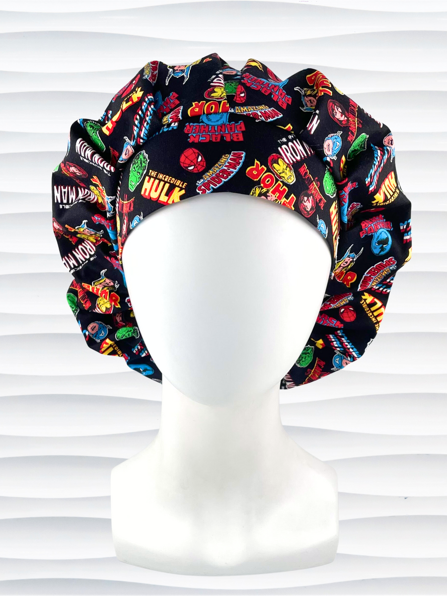 Bouffant style surgical scrub cap hat with Marvel Avengers superheroes all over this black cotton fabric.