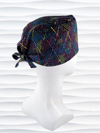Surgeon Men's style surgical scrub cap hat with bright colored dots and lines in diamond shapes on black cotton fabric.