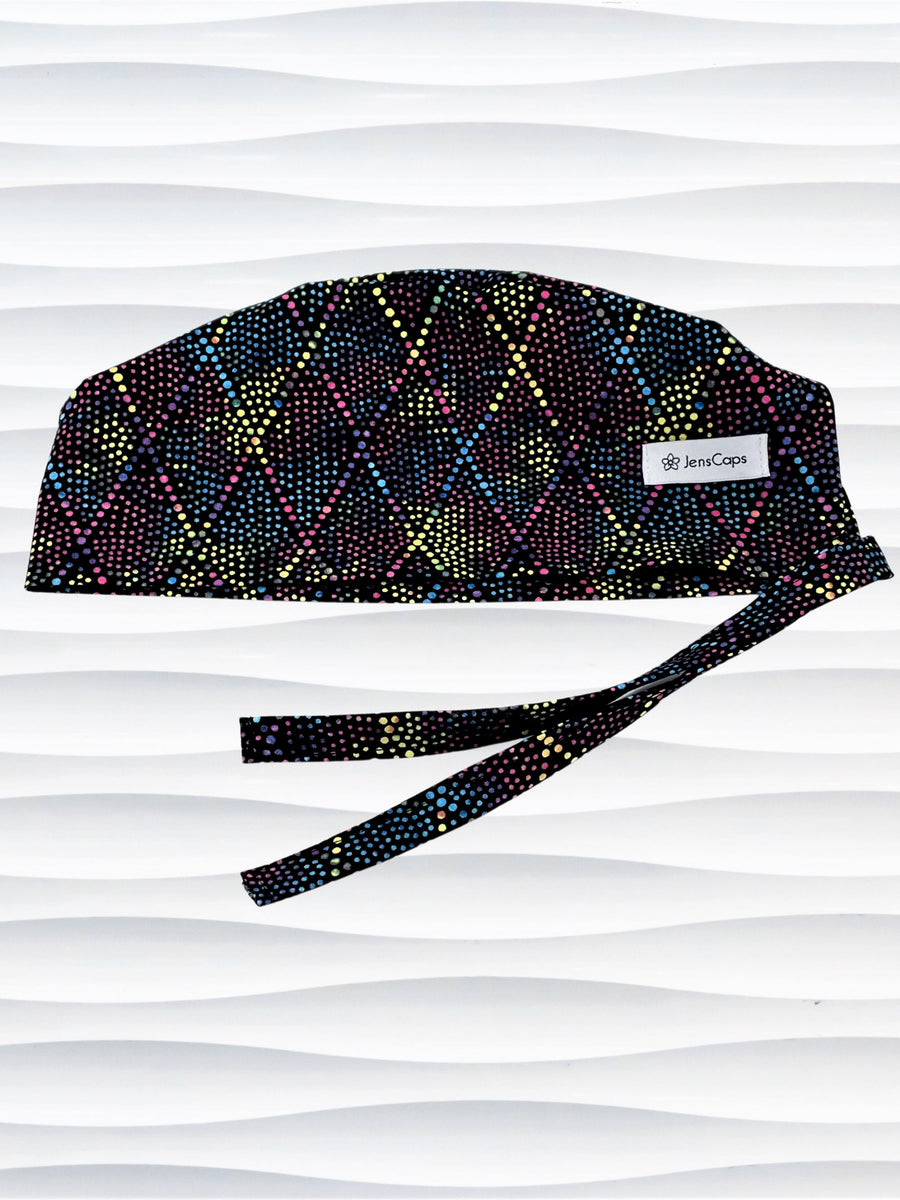 Surgeon Men's style surgical scrub cap hat with bright colored dots and lines in diamond shapes on black cotton fabric.
