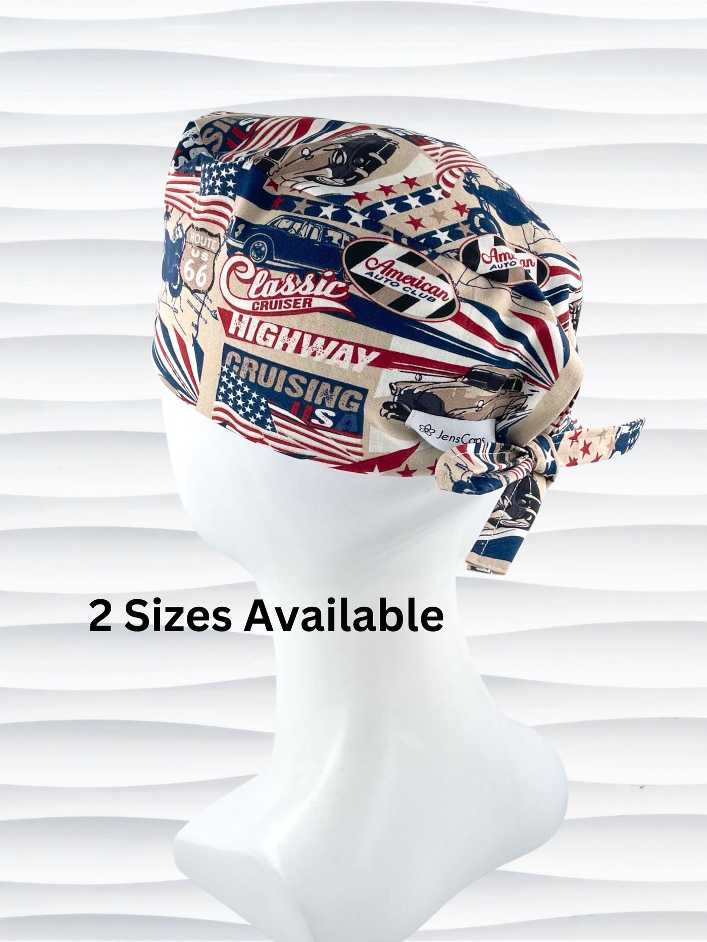 Surgeon style surgical scrub cap hat with classic cars and morotcycles and american flags in red, blue, and white on cotton fabric.