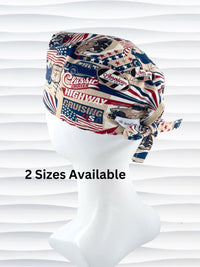 Surgeon style surgical scrub cap hat with classic cars and morotcycles and american flags in red, blue, and white on cotton fabric.