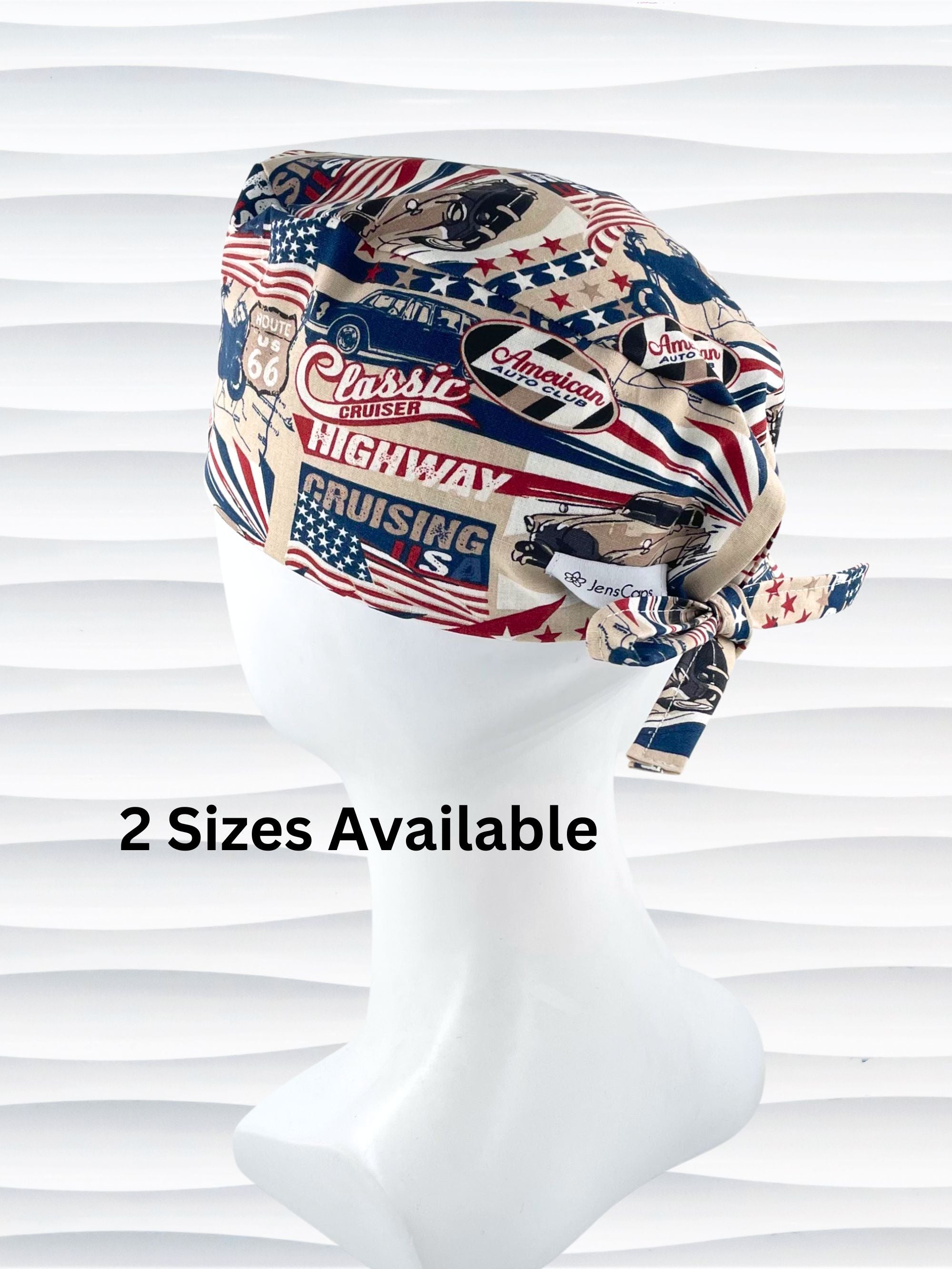 Surgeon style surgical scrub cap hat with classic cars and morotcycles and american flags in red, blue, and white on cotton fabric.