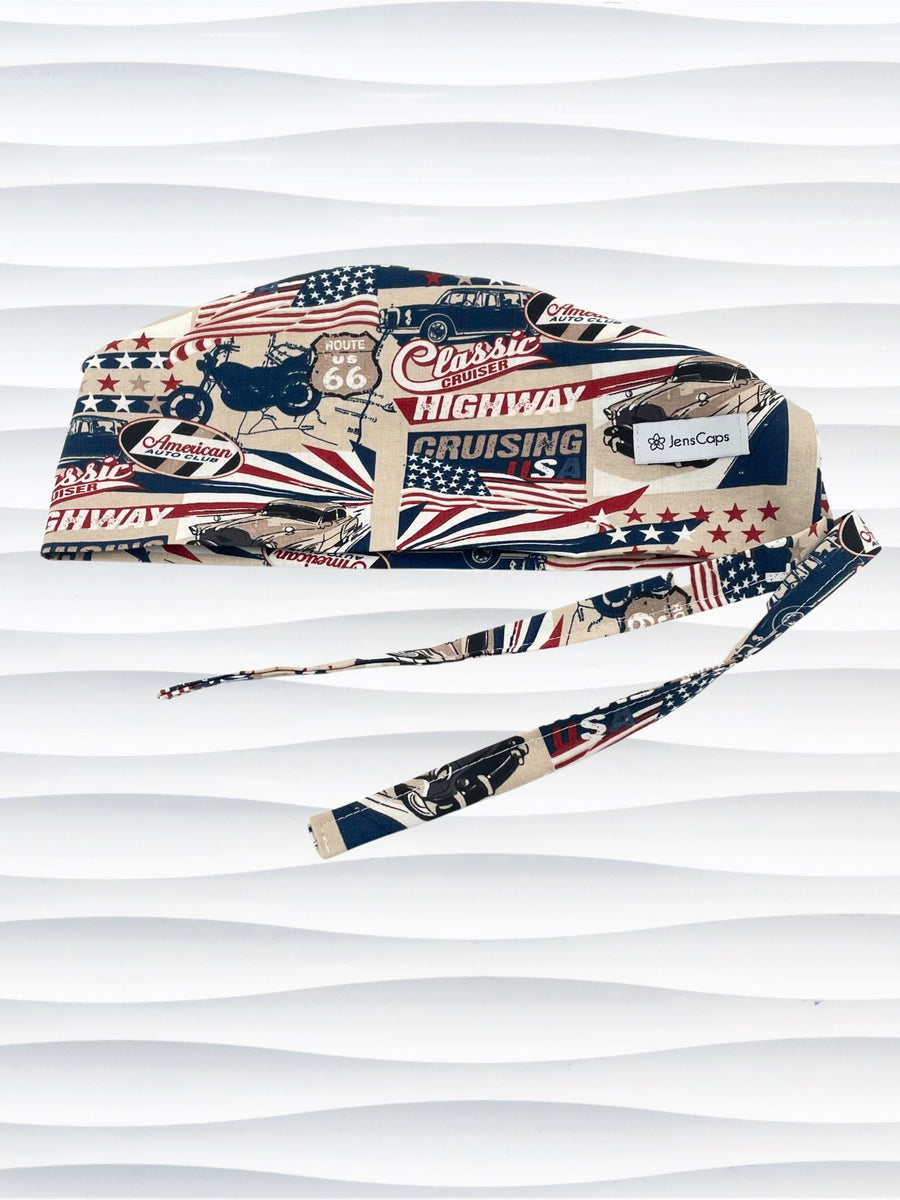 Surgeon style surgical scrub cap hat with classic cars and morotcycles and american flags in red, blue, and white on cotton fabric.