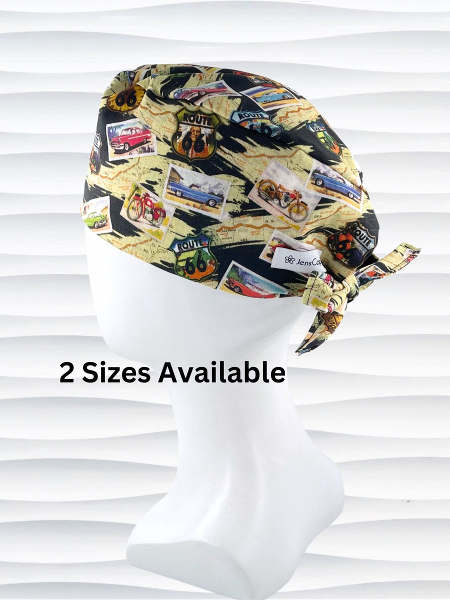 Surgeon style surgical scrub cap hat with classic cars and motorcycles with route 66 signs on cotton fabric.