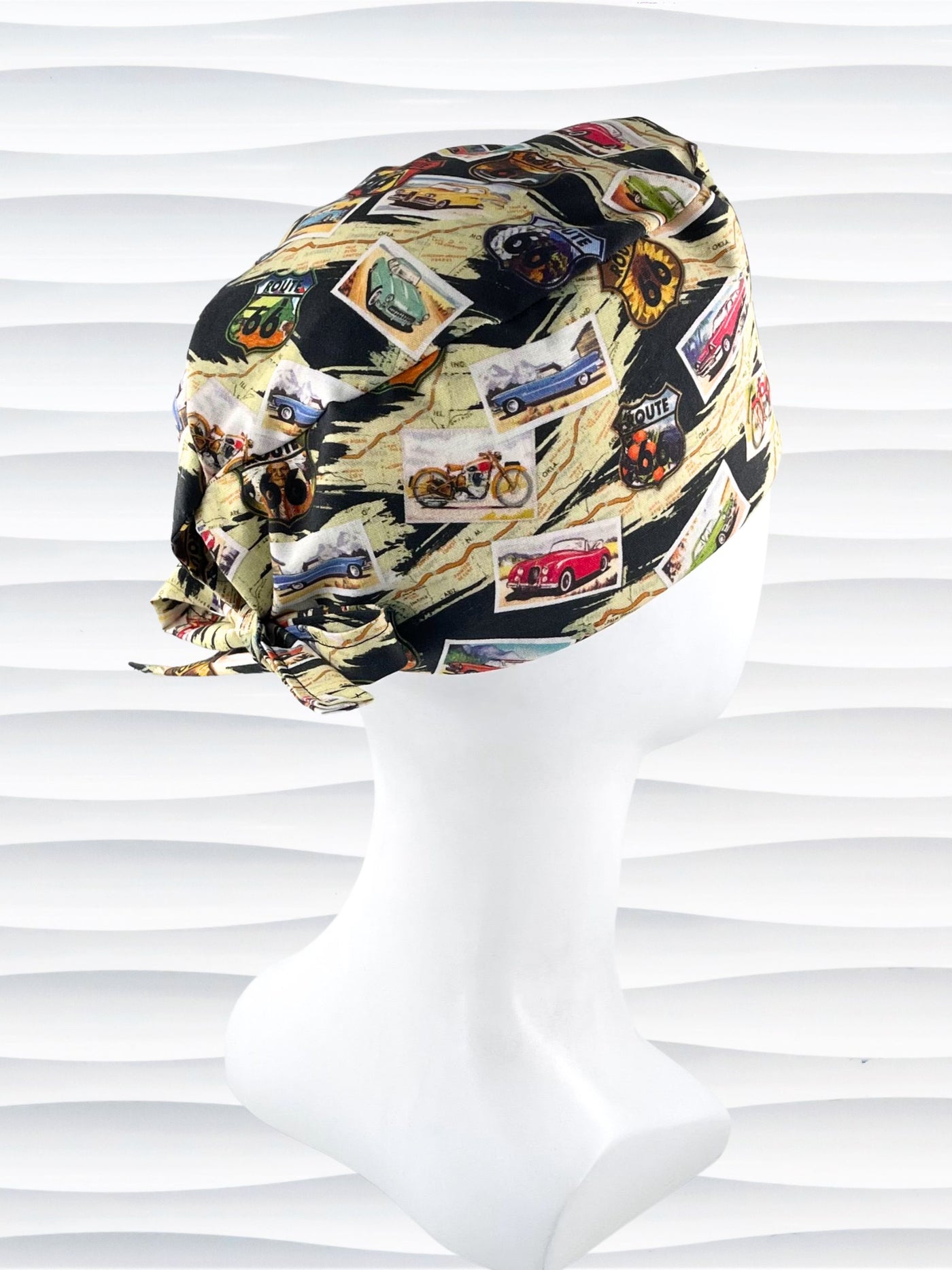 Surgeon style surgical scrub cap hat with classic cars and motorcycles with route 66 signs on cotton fabric.