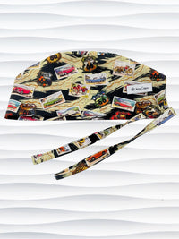 Surgeon style surgical scrub cap hat with classic cars and motorcycles with route 66 signs on cotton fabric.