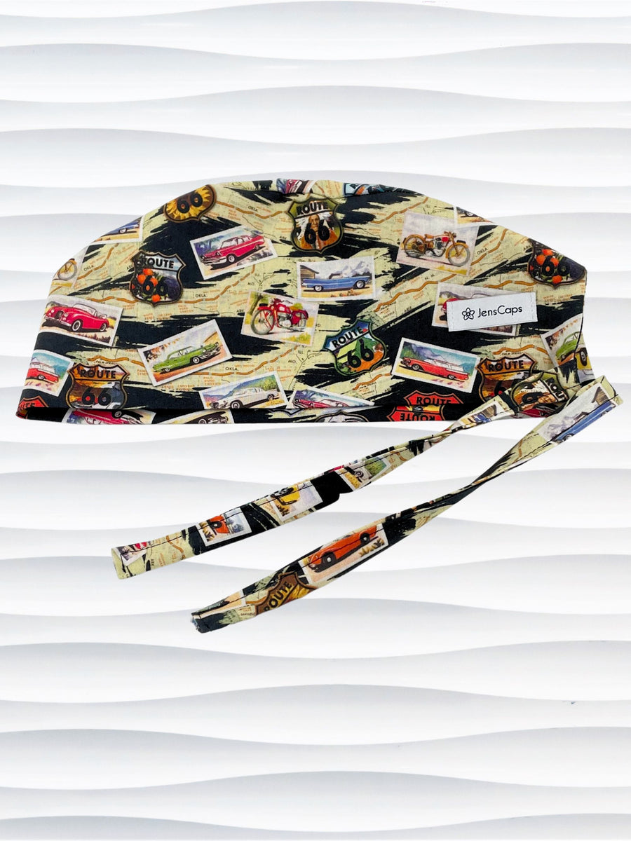 Surgeon style surgical scrub cap hat with classic cars and motorcycles with route 66 signs on cotton fabric.