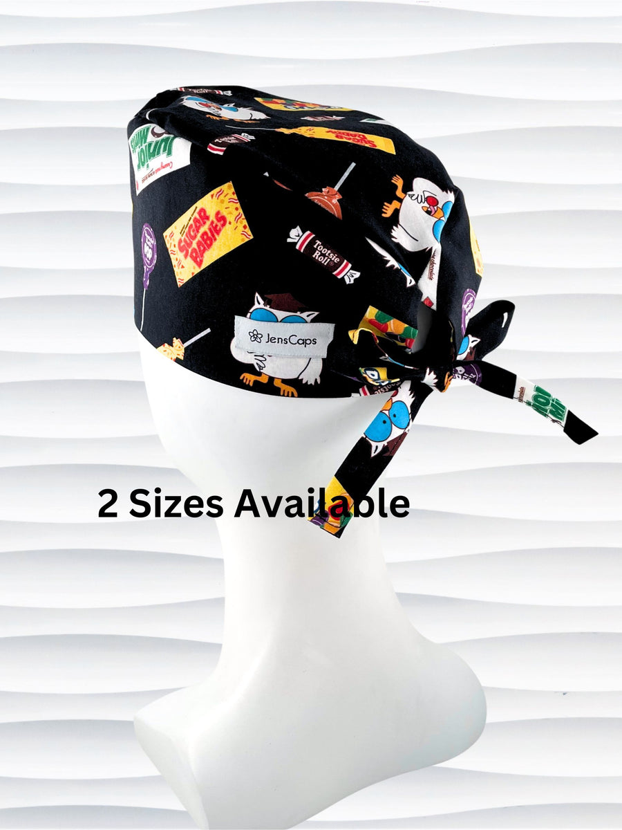Surgeon style surgical scrub cap hat with iconic candies and Mr Owl on black cotton fabric.