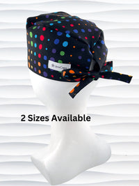 Surgeon style surgical scrub cap hat with bright colored linear dots on black cotton fabric.
